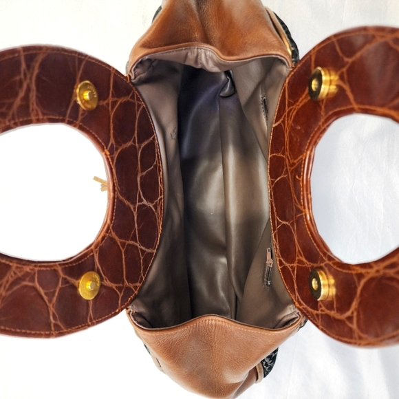 Women's Metallic Copper Brown Mixed Material Ethnic Ornate Sturdy Hand Purse Bag - Picture 11 of 16